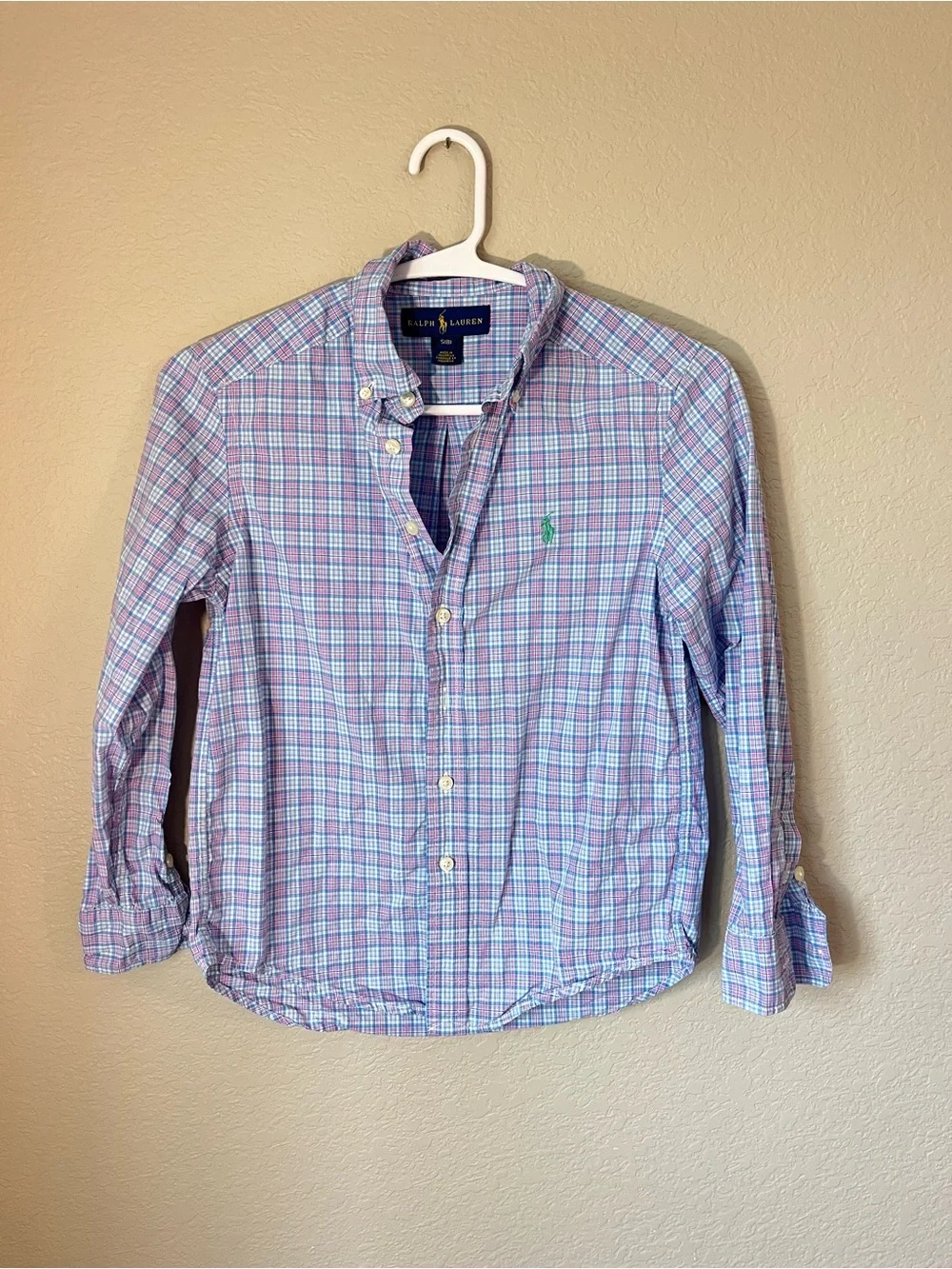 Ralph Lauren Boys 8 Blue Pink Plaid Cotton Button Down Shirt Preppy Fall
